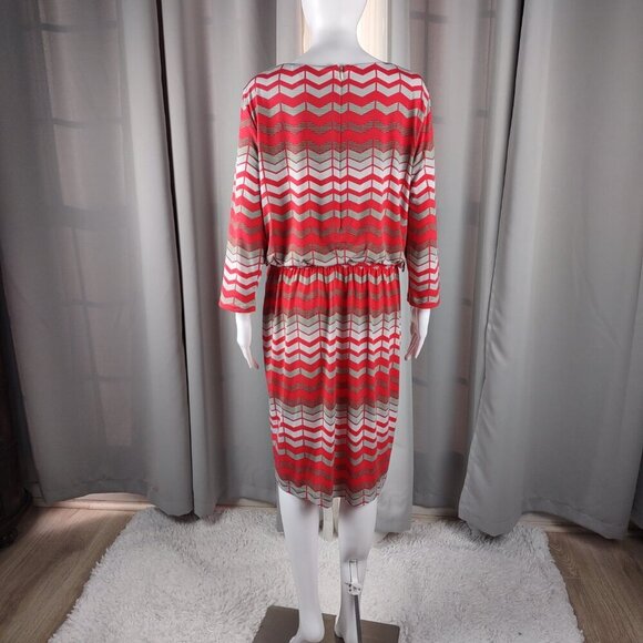 Jessica Howard Chevron Midi Dress Coral Gray Zip Back Long Sleeve Lined Size 14 - Picture 3 of 10